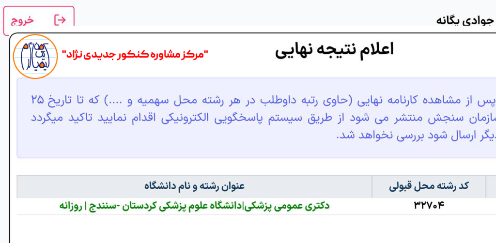 نتیجه انتخاب رشته محمدرضا جوادی یگانه و قبولی در رشته پزشکی دانشگاه کردستان