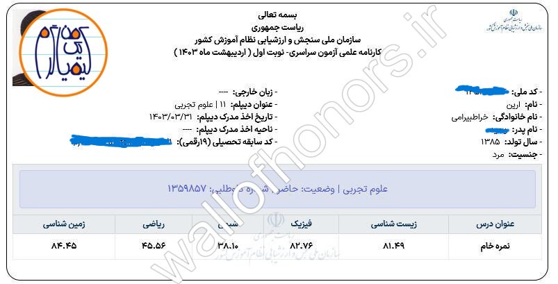 کارنامه کنکور آرین خراط بیرامی دانشجوی پزشکی بهشتی در مرکز مشاوره کنکور جدیدی نژاد