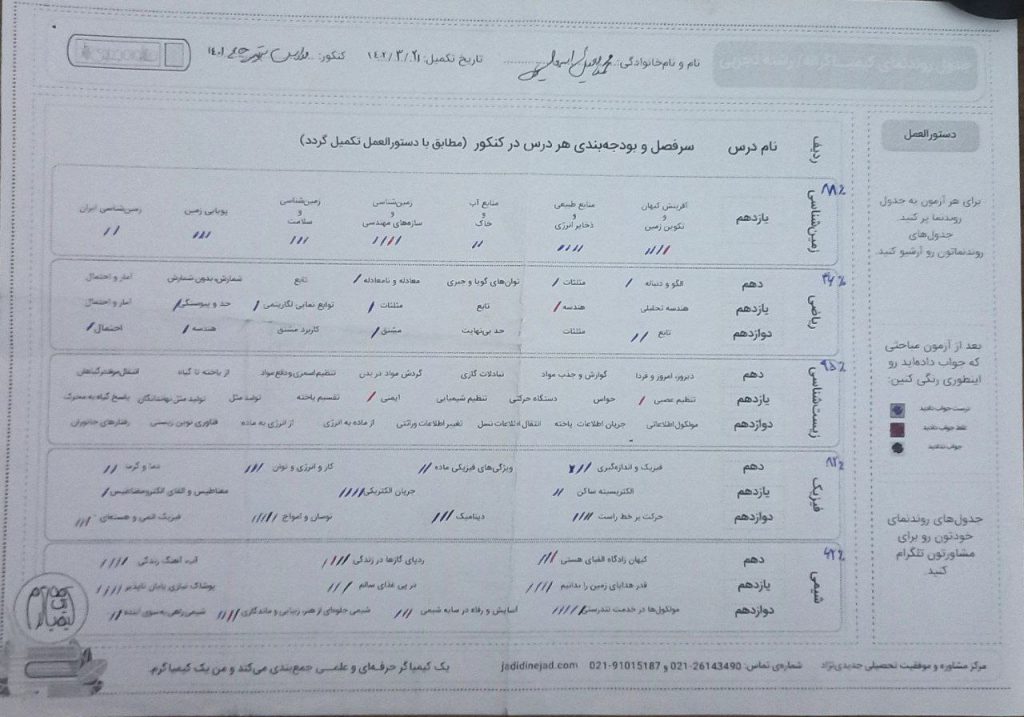 جدول روندنمای معین اسماعیلی پشت کنکوری موفق و قبولی پزشکی دانشگاه زنجان از دامش آموزان مرکز مشاوره کنکور جدیدی نژاد